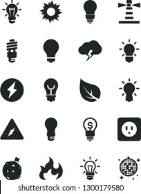 Solid Black Vector Icon Set - matte light bulb vector, power socket type b, storm cloud, leaf, energy saving, lighthouse, electricity, flame, flag on moon, idea, sun, disco ball