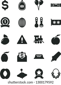 Solid Black Vector Icon Set - warning vector, plastic fork spoons, baby toy train, yule, colored air balloons, building level, ripe peach, melon, loquat, half, yellow lemon, text highlighter, star