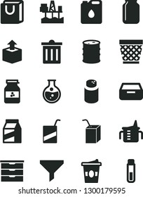 Solid Black Vector Icon Set - wicker pot vector, bin, storage unit, measuring cup for feeding, powder, e, packing of juice with a straw, drawer, bag handles, package, unpacking, coffe to go, jar jam