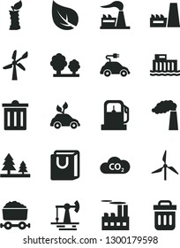 Solid Black Vector Icon Set - bin vector, bag with handles, apple stub, working oil derrick, leaf, gas station, windmill, wind energy, manufacture, factory, hydroelectric, trees, forest, CO2, trash