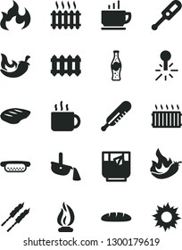 Solid Black Vector Icon Set - electronic thermometer vector e, mercury, new radiator, coffee, loaf, mini hot dog, chop, barbecue, chili, cup of tea, a glass, bottle soda, pepper, steel production