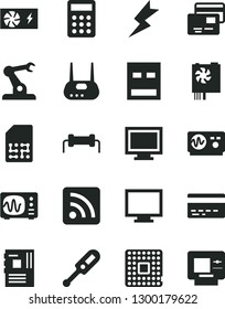 Solid Black Vector Icon Set - monitor vector, window, bank card, rss feed, electronic thermometer e, lightning, cards, processor, assembly robot, SIM, calculator, pc power supply, motherboard, usb