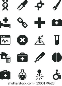Solid Black Vector Icon Set - mark of injury vector, spectacles, first aid kit, plus, mercury thermometer, bag a paramedic, medical, arm saw, estimate, temperature, cardiogram, round flask, dna