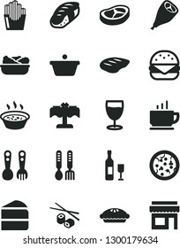 Solid Black Vector Icon Set - plastic fork spoons vector, iron, coffee, pizza, big burger, piece of cake, pie, porridge in a saucepan, lettuce plate, grill chicken leg, bacon, chop, sushi, glass