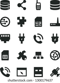 Solid Black Vector Icon Set - Puzzle vector, big data, phone call, plug, electric, SIM card, connection, scheme, mobile, usb, router, network, browser, lan connector, satellite
