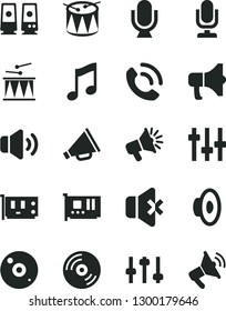 Solid Black Vector Icon Set - desktop microphone vector, horn, loudspeaker, drumroll, drum, music, CD, volume, no sound, phone call, megaphone, pc card, speaker, settings