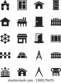 Solid Black Vector Icon Set - house vector, box of bricks, dwelling, window, frame, ntrance door, interroom, ceramic tiles, fence, hedge, paving slab, home, industrial enterprise, drawing compass