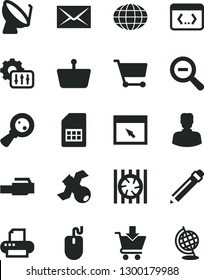 Solid Black Vector Icon Set - envelope vector, graphite pencil, zoom out, put in cart, satellite dish, SIM card, shopping basket, magnifying glass, woman, globe, radiator fan, mouse, printer, coding