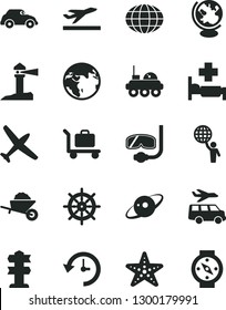 Solid Black Vector Icon Set - garden trolley vector, retro car, coastal lighthouse, globe, history, saturn, lunar rover, man hold world, earth, plane, departure, hospital bed, starfish, diving mask