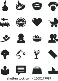 Solid Black Vector Icon Set - image of thought vector, bookmark, women, baby stroller, heart, unpacking, a plate fruit, juicy lemon, kiwi, hot pepper, onion, mashroom, broccoli, racer, gas welding