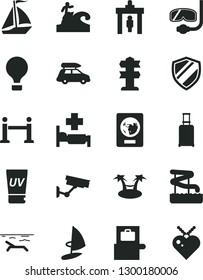 Solid Black Vector Icon Set - car baggage vector, sail boat, air balloon, rope barrier, security gate, rolling suitcase, scanner, passport, beach, uv cream, aquapark, hospital bed, diving mask