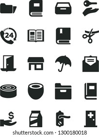 Solid Black Vector Icon Set - vector e, door knob, received letter, book, umbrella, folder, drawer, 24, package, canned goods, half of coconut, stall, get a wage, arm with key, exit, grand opening