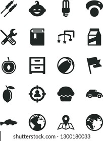 Solid Black Vector Icon Set - sign of the planet vector, book, toys over cot, baby bath ball, funny hairdo, small tools, map, flag, nightstand, package, cake, barbecue, fish, half cherry, lemon