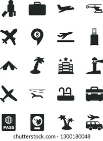 Solid Black Vector Icon Set - suitcase vector, passport, coastal lighthouse, helicopter, dollar pin, plane, passenger, rolling, departure, tent, beach, palm tree, pool, hotel, transfer