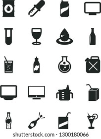 Solid Black Vector Icon Set - measuring cup for feeding vector, e, packing of juice with a straw, screen, glass soda, can, bottle, liquor, round flask, oil, canister, drop, monitor, test tube