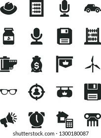 Solid Black Vector Icon Set - desktop microphone vector, hat, camera roll, new abacus, estimate, alarm clock, jar of jam, windmill, retro car, vintage sign, antique advertising signboard, floppy