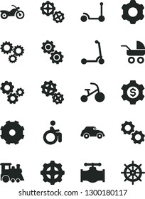 Solid Black Vector Icon Set - truck lorry vector, baby carriage, children's train, tricycle, Kick scooter, child, gears, cogwheel, valve, gear, retro car, three, dollar, motorcycle, disabled