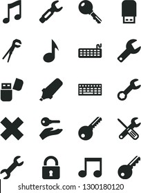 Solid Black Vector Icon Set - repair key vector, cross, small tools, adjustable wrench, lock, music, steel, text highlighter, keyboard, usb flash, note, arm with