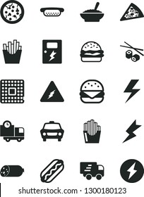 Solid Black Vector Icon Set - lightning vector, dangers, car, delivery, sausage, pizza, piece of, Hot Dog, mini, big burger, a bowl buckwheat porridge, French fries, fried potato slices, processor