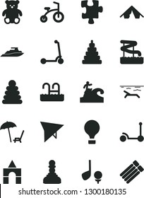 Solid Black Vector Icon Set - stacking rings vector, toy, small teddy bear, box of bricks, child bicycle, Kick scooter, Puzzle, pawn, air balloon, hang glider, tent, beach, arnchair under umbrella