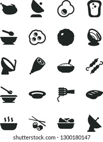 Solid Black Vector Icon Set - deep plate with a spoon vector, plates and spoons, noodles, bowl of rice porridge, hot, lettuce in, chicken, grill leg, chop, meat on skewers, cabbage, fried egg