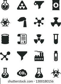 Solid Black Vector Icon Set - round flask vector, manufacture, oil, barrel, industrial building, radiation, carbon dyoxide, filter, water, research article, test tube, molecule, nuclear, biohazard