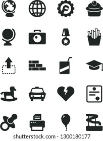 Solid Black Vector Icon Set - dummy vector, e, small rocking horse, balloon, brick wall, star gear, broken heart, camera, globe, earth, car, square academic hat, move up, muffin, French fries, medal