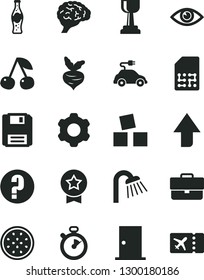 Solid Black Vector Icon Set - briefcase vector, upward direction, question, cubes for children, cogwheel, shower, ntrance door, eye, bottle of soda, cherry, half passion fruit, beet, electric car
