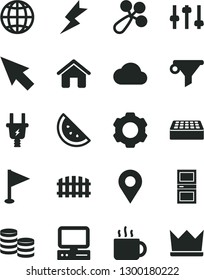 Solid Black Vector Icon Set - pennant vector, baby rattle, house, interroom door, brick, lightning, fence, earth, cup of tea, orange slice, electric plug, location, water filter, coins, computer
