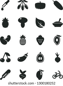 Solid Black Vector Icon Set - mercury thermometer vector, mushroom, a bowl of buckwheat porridge, cucumber, beet, strawberry, cherry, mango, half, goji berry, loquat, ripe pineapple, beans, eggplant