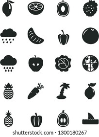 Solid Black Vector Icon Set - cloud vector, rainy, carrot, strawberries, a pineapple, squash, quince, tasty apple, mango, delicious plum, slice of tangerine, half loquat, grapefruit, Bell pepper