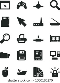 Solid Black Vector Icon Set - magnifier vector, children's bathroom, color samples, computer, mouse, motherboard, gpu card, router, printer, scanner, browser, folder, connect, floppy, joystick, sd