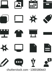Solid Black Vector Icon Set - calendar vector, clean sheet of paper, scribbled, minus, picture, folder, T shirt, label, copy, billboard with illumination, pencil, speech, notebook pc, monitor, bang