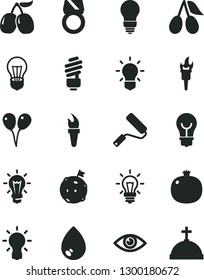 Solid Black Vector Icon Set - colored air balloons vector, new roller, saving light bulb, eye, drop, pomegranate, cornels, tasty, flame torch, flag on moon, gold ring, crown with cross