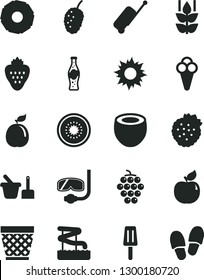 Solid Black Vector Icon Set - wicker pot vector, toy sand set, bottle of soda, popsicle, cone, strawberry, strawberries, mint, large grape, apricot, tasty mulberry, half kiwi, guava, coconut, sun