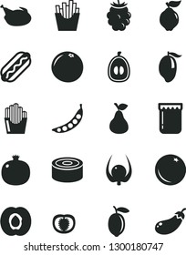 Solid Black Vector Icon Set - canned goods vector, Hot Dog, chicken, French fries, fried potato slices, jam, pear, orange, half apricot, pomegranate, quince, blackberry, mango, loquat, lemon, tomato