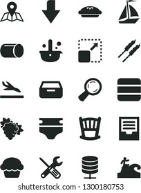 Solid Black Vector Icon Set - downward direction vector, archive, cradle, diaper, small tools, map, big data server, drawer, expand picture, cake, pie, barbecue, branch of grape, pipe, metallurgy