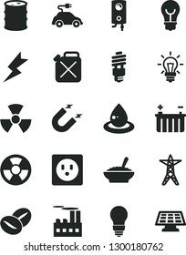 Solid Black Vector Icon Set - bulb vector, lightning, boiler, a bowl of buckwheat porridge, coffee beans, barrel, battery, power line, socket, industrial building, canister, drop oil, energy saving