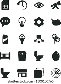 Solid Black Vector Icon Set - incandescent lamp vector, baby cot, cogwheel, toilet, comfortable, hawser, speech, eye, copy, Easter cake, chicken, soda can, cone, lime, SIM card, stall, history