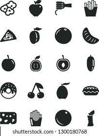 Solid Black Vector Icon Set - piece of cheese vector, pizza, noodles, glazed cake with a hole, apple pie, French fries, fried potato slices, popcorn, orange, cherry, red, loquat, date fruit, tasty