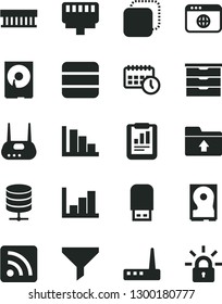 Solid Black Vector Icon Set - rss feed vector, negative histogram, positive, upload folder, storage unit, big data server, copy, filter, statistical report, agenda, radiator fan, hdd, router