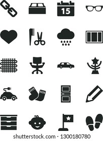 Solid Black Vector Icon Set - heart symbol vector, spectacles, storage unit, accessories for a hairstyle, cloud, warm socks, children's hairdo, window frame, interroom door, building block, calendar