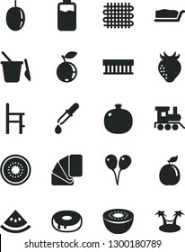 Solid Black Vector Icon Set - children's sand set vector, a chair for feeding, baby toy train, colored air balloons, sample of colour, cake slice, with hole, pomegranate, strawberry, blueberry, kiwi