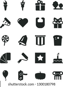 Solid Black Vector Icon Set - bib vector, balloon, cake, new roller, paint, sample of colour, door knob, bell, heart, gift, Easter, lollipop, pumpkin, trees, flame torch, star, pennant flag, column