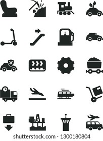 Solid Black Vector Icon Set - truck lorry vector, Baby chair, toy train, child Kick scooter, delivery, shipment, commercial seaport, coal mining, gas station, conveyor, retro car, autopilot, arrival