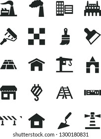 Solid Black Vector Icon Set - box of bricks vector, crane, dwelling, hook, building trowel, paint roller, wooden brush, ladder, level, city block, tile, putty knife, paving slab, road fence, home