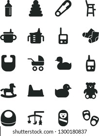 Solid Black Vector Icon Set - toys over the cradle vector, mug for feeding, measuring cup, bottle, bib, baby, carriage, safety pin, rubber duck, duckling, stacking rings, Knitted Socks, toy phone