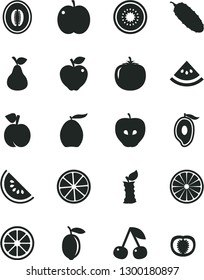 Solid Black Vector Icon Set - cucumber vector, pear, cherry, peach, apple, red, tasty, slice of water melon, half mango, loquat, lemon, juicy, kiwi, orange, stub, persimmon, tomato
