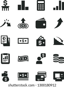 Solid Black Vector Icon Set - bar chart vector, cards, coins, recession, a crisis, statistical report, wallet, cash, research, calculator, money bag hand, arrow up, dollar, column, growth, dialog