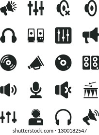 Solid Black Vector Icon Set - horn vector, loudspeaker, silent mode, drumroll, headphones, CD, regulator, volume, no sound, operator, megaphone, pc speaker, settings, microphone